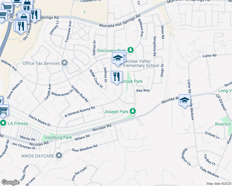 map of restaurants, bars, coffee shops, grocery stores, and more near 39753 North General Kearny Road in Murrieta
