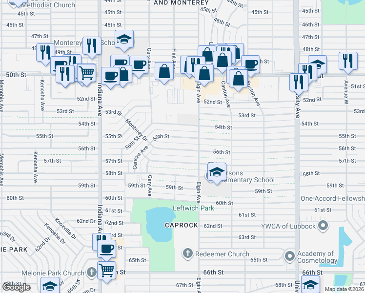map of restaurants, bars, coffee shops, grocery stores, and more near 3007 56th Street in Lubbock