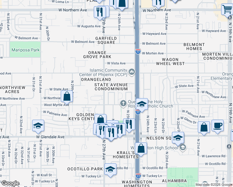 map of restaurants, bars, coffee shops, grocery stores, and more near 7218 North 25th Lane in Phoenix
