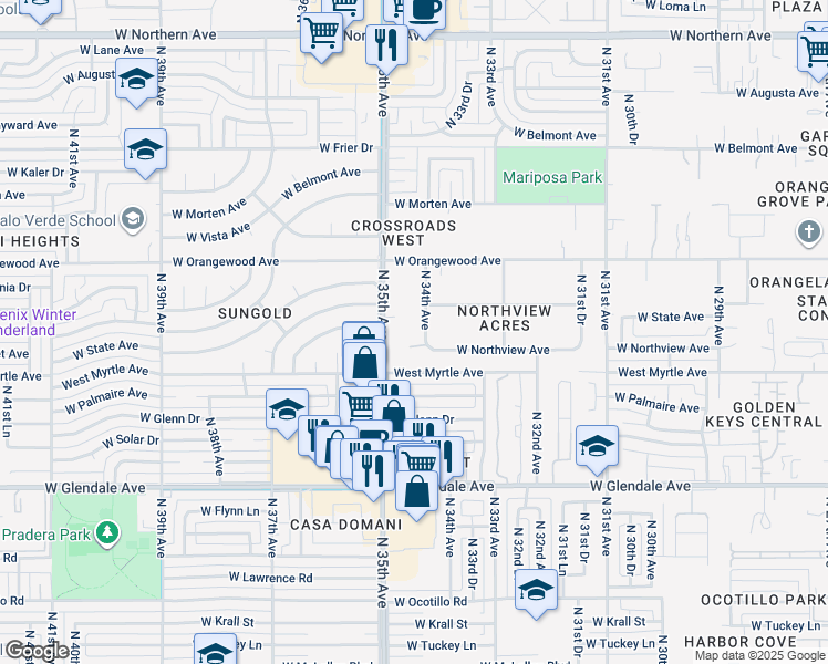 map of restaurants, bars, coffee shops, grocery stores, and more near 3352 West Northview Avenue in Phoenix