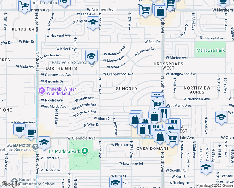 map of restaurants, bars, coffee shops, grocery stores, and more near 3741 West State Avenue in Phoenix