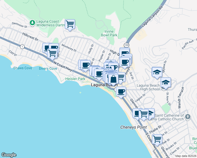 map of restaurants, bars, coffee shops, grocery stores, and more near in Laguna Beach