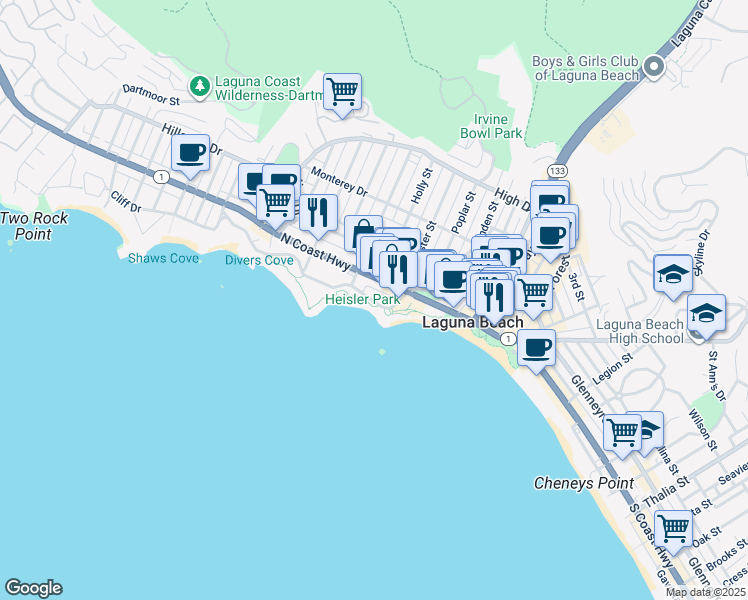 map of restaurants, bars, coffee shops, grocery stores, and more near 361 Cliff Drive in Laguna Beach