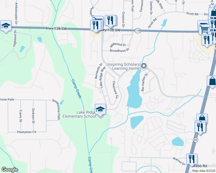 map of restaurants, bars, coffee shops, grocery stores, and more near 7940 Clearview Circle in Riverdale