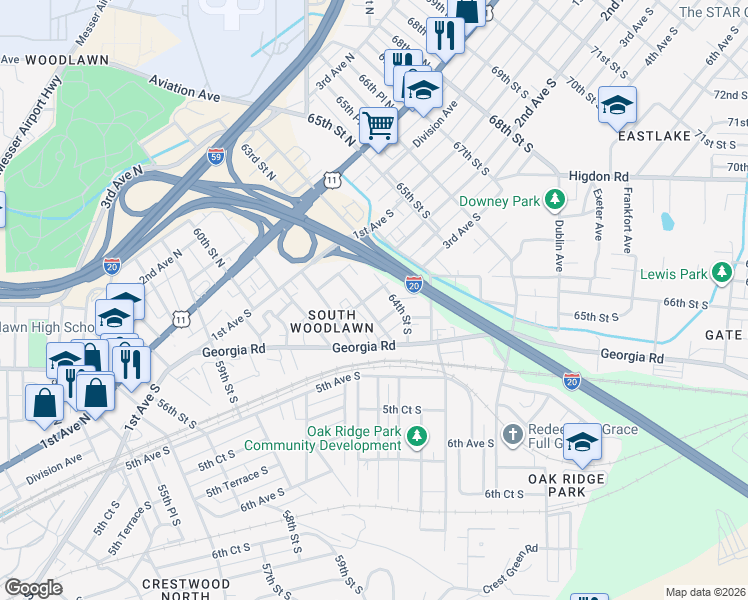 map of restaurants, bars, coffee shops, grocery stores, and more near 6308 3rd Court South in Birmingham