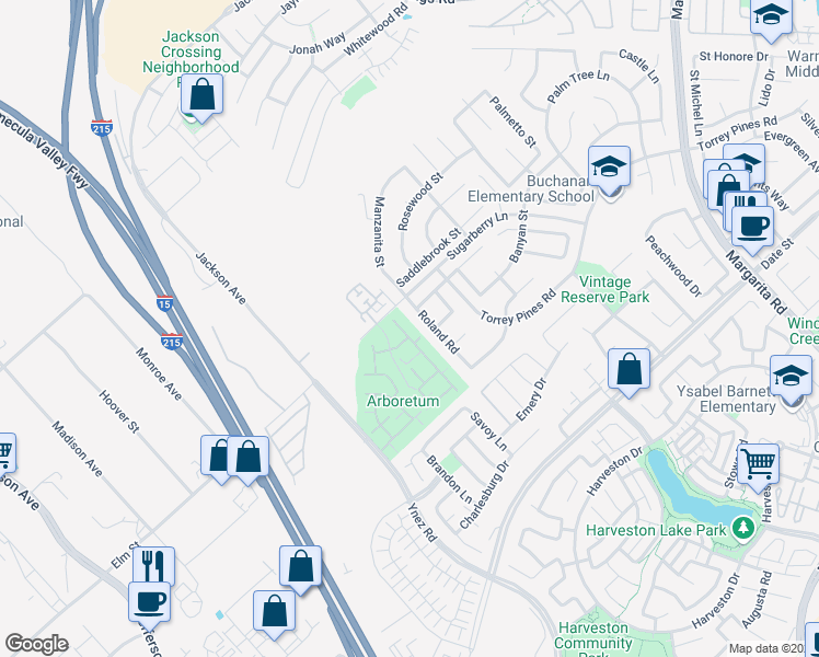 map of restaurants, bars, coffee shops, grocery stores, and more near 26326 Arboretum Way in Murrieta