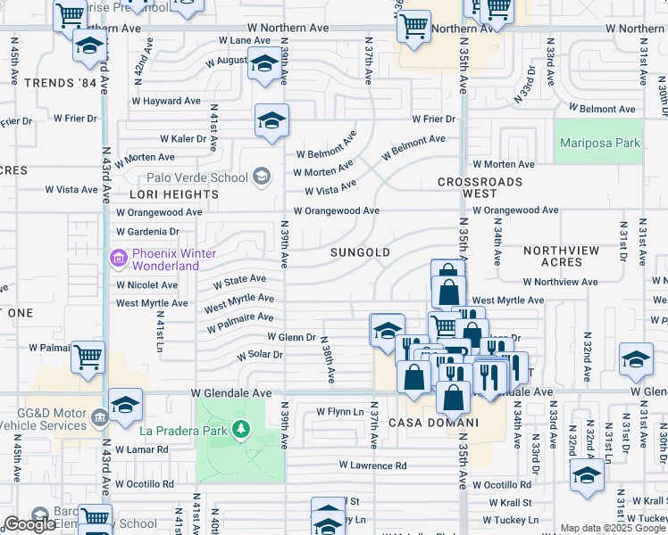 map of restaurants, bars, coffee shops, grocery stores, and more near 3741 West State Avenue in Phoenix