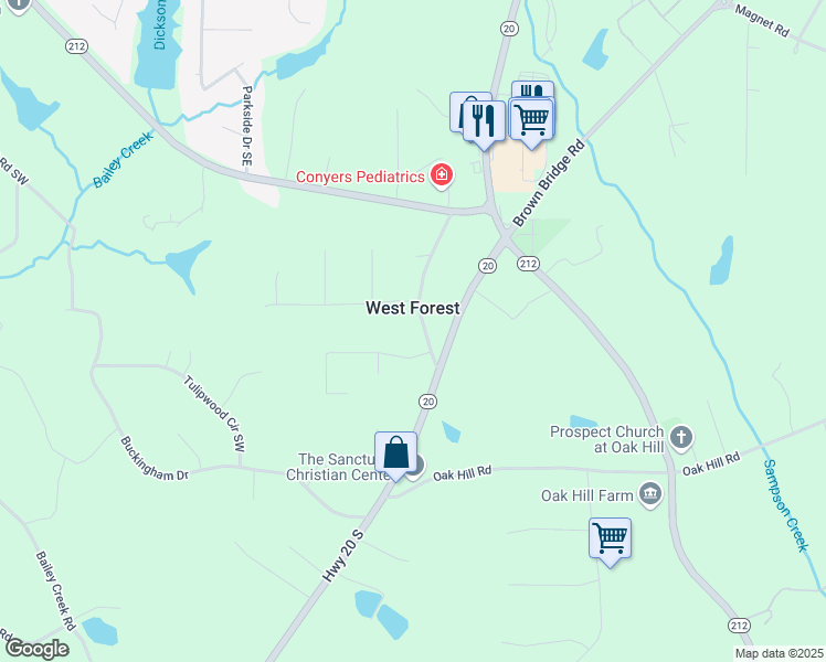 map of restaurants, bars, coffee shops, grocery stores, and more near 146 Oak Hill West Road in Covington