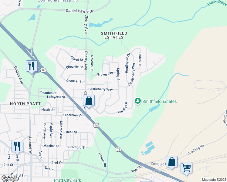 map of restaurants, bars, coffee shops, grocery stores, and more near 1744 Brookfield Lane in Birmingham