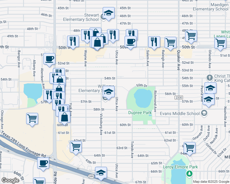map of restaurants, bars, coffee shops, grocery stores, and more near 4801 56th Street in Lubbock