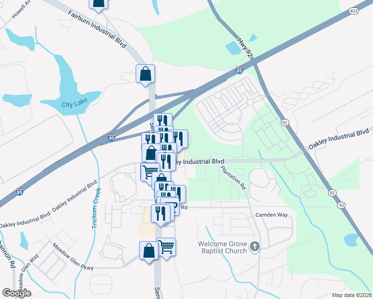 map of restaurants, bars, coffee shops, grocery stores, and more near 5617 Oakley Industrial Boulevard in Fairburn