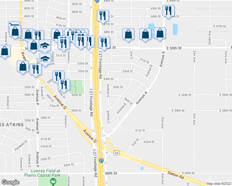 map of restaurants, bars, coffee shops, grocery stores, and more near 510 56th Street in Lubbock