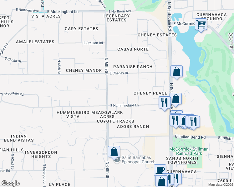 map of restaurants, bars, coffee shops, grocery stores, and more near 6830 East Hummingbird Lane in Paradise Valley