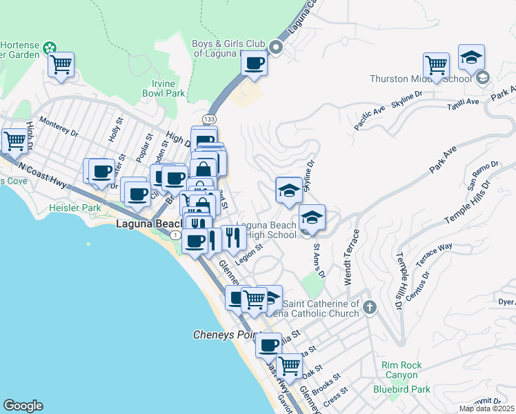 map of restaurants, bars, coffee shops, grocery stores, and more near 510 Blumont Street in Laguna Beach