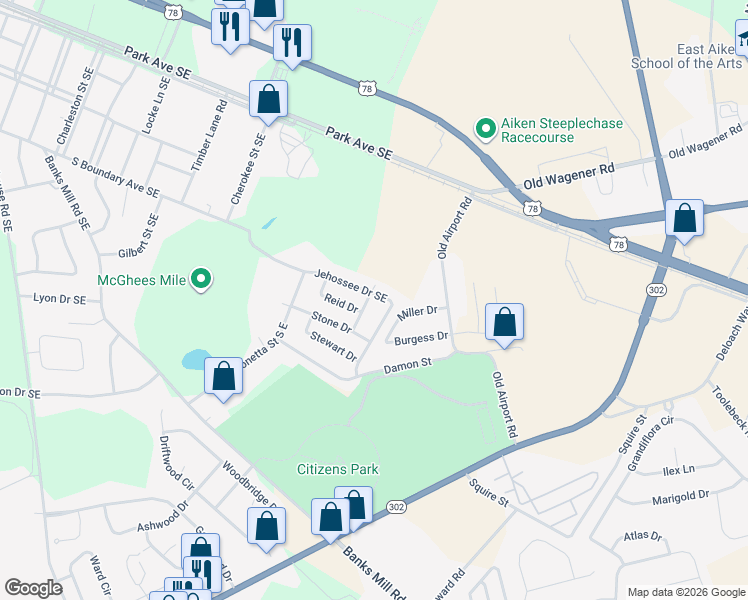 map of restaurants, bars, coffee shops, grocery stores, and more near 330 Jehossee Drive Southeast in Aiken