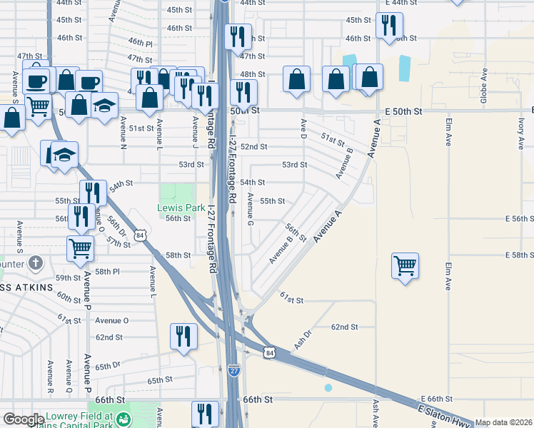 map of restaurants, bars, coffee shops, grocery stores, and more near 507 56th Street in Lubbock