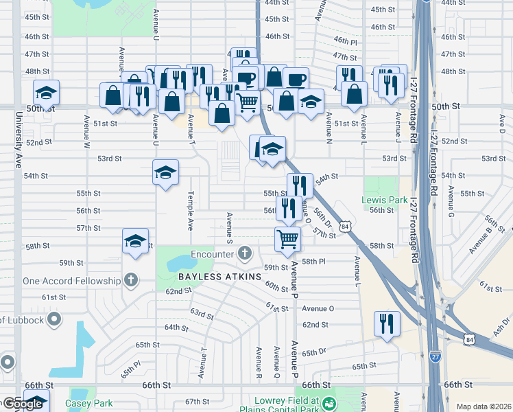 map of restaurants, bars, coffee shops, grocery stores, and more near 1621 56th Street in Lubbock