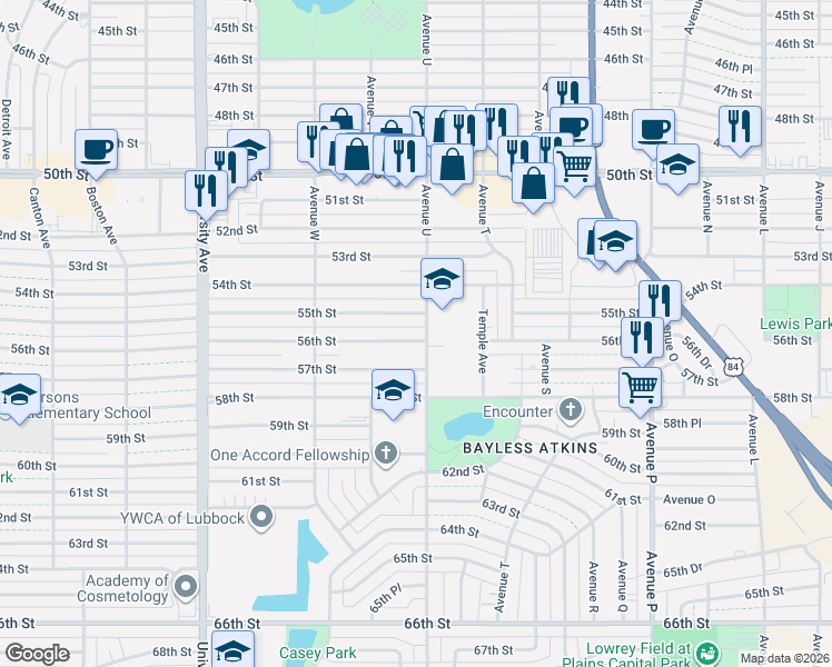 map of restaurants, bars, coffee shops, grocery stores, and more near 2101 56th Street in Lubbock