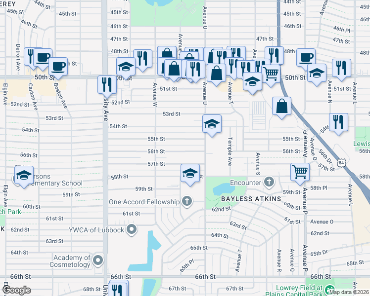 map of restaurants, bars, coffee shops, grocery stores, and more near 2113 56th Street in Lubbock