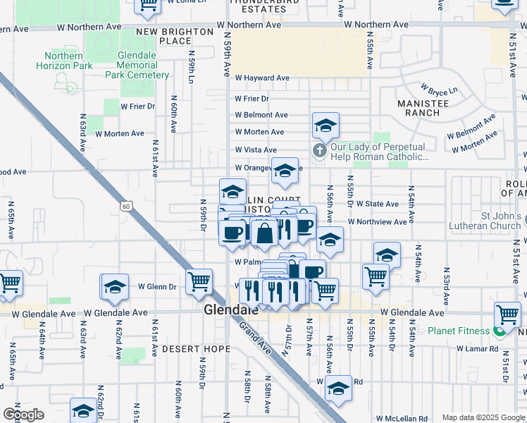 map of restaurants, bars, coffee shops, grocery stores, and more near 5730 West Myrtle Avenue in Glendale
