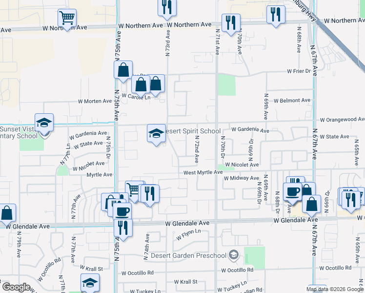 map of restaurants, bars, coffee shops, grocery stores, and more near 7262 West Northview Avenue in Glendale