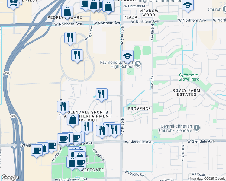 map of restaurants, bars, coffee shops, grocery stores, and more near 7370 North Zanjero Boulevard in Glendale