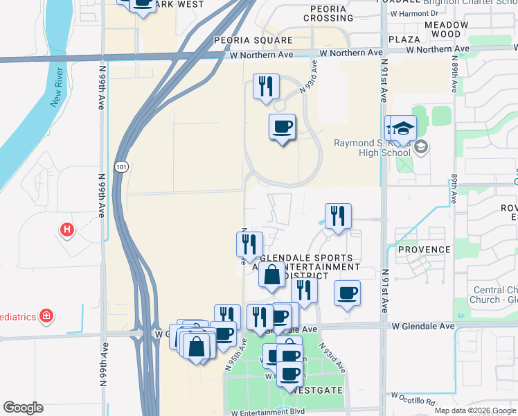 map of restaurants, bars, coffee shops, grocery stores, and more near 3 North 95th Avenue in Glendale