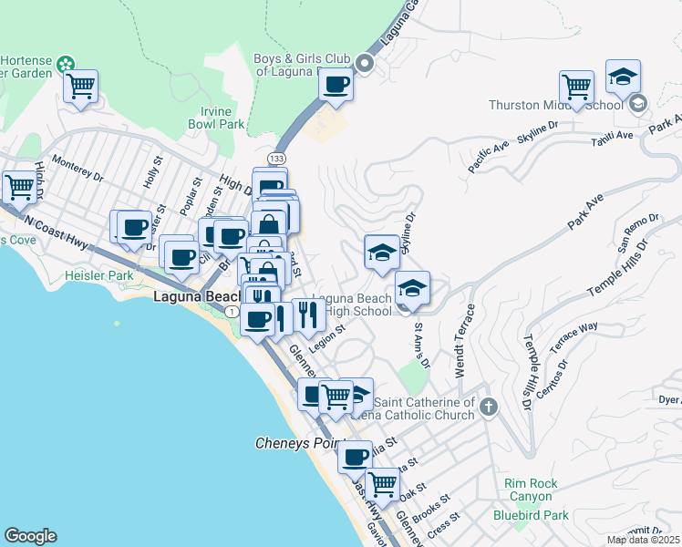 map of restaurants, bars, coffee shops, grocery stores, and more near 510 Blumont Street in Laguna Beach