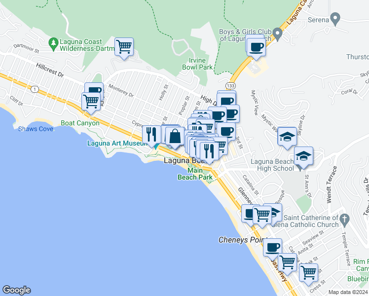 map of restaurants, bars, coffee shops, grocery stores, and more near in Laguna Beach