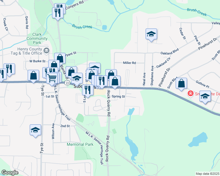 map of restaurants, bars, coffee shops, grocery stores, and more near Rock Quarry Road in Stockbridge