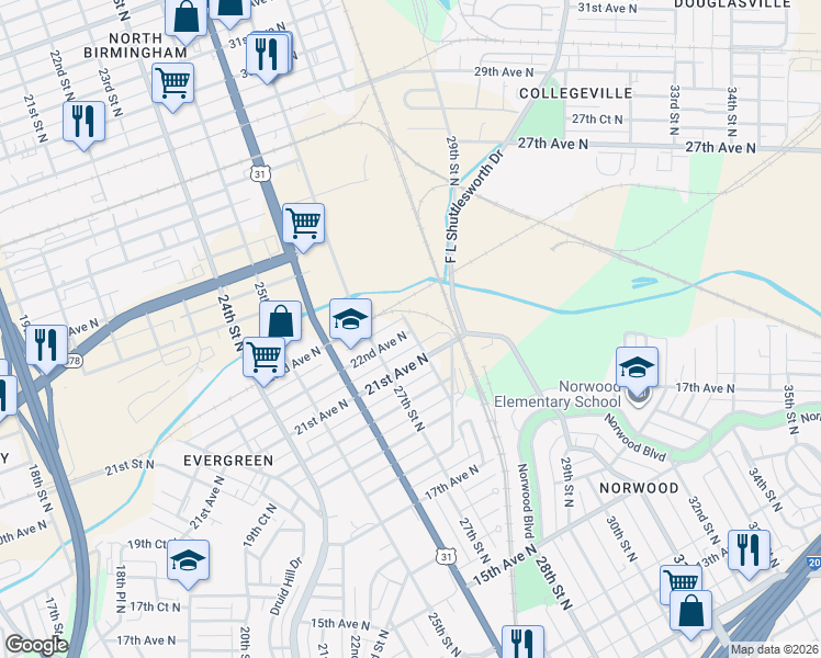 map of restaurants, bars, coffee shops, grocery stores, and more near 2114 28th Street North in Birmingham
