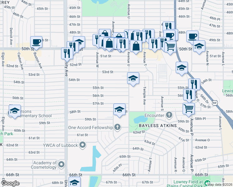 map of restaurants, bars, coffee shops, grocery stores, and more near 2113 56th Street in Lubbock