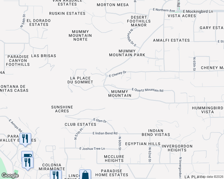 map of restaurants, bars, coffee shops, grocery stores, and more near 5949 East Quartz Mountain Road in Paradise Valley
