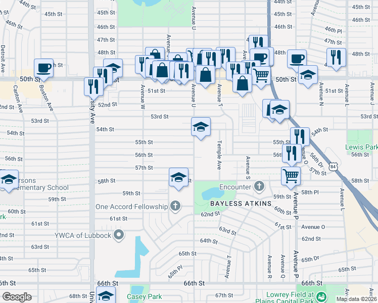 map of restaurants, bars, coffee shops, grocery stores, and more near 2101 56th Street in Lubbock