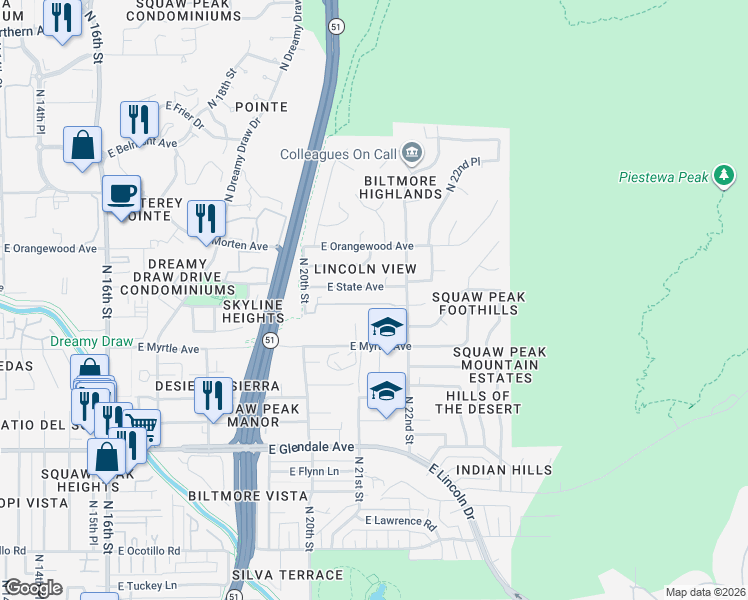 map of restaurants, bars, coffee shops, grocery stores, and more near 7226 North 21st Street in Phoenix