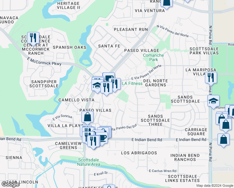 map of restaurants, bars, coffee shops, grocery stores, and more near 7353 North Vía Paseo Del Sur in Scottsdale