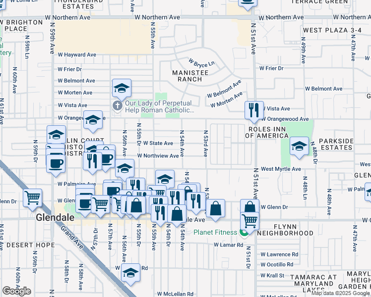 map of restaurants, bars, coffee shops, grocery stores, and more near 5333 West Northview Avenue in Glendale