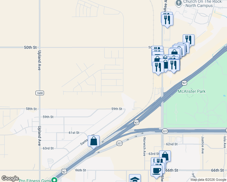 map of restaurants, bars, coffee shops, grocery stores, and more near 6874 59th Street in Lubbock