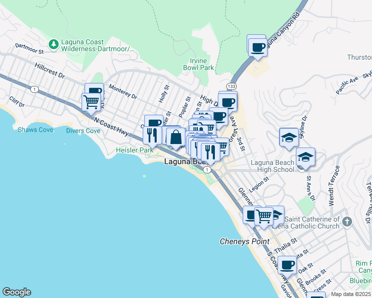 map of restaurants, bars, coffee shops, grocery stores, and more near 251 Lower Cliff Drive in Laguna Beach