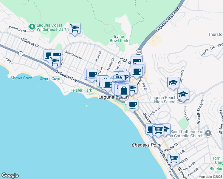 map of restaurants, bars, coffee shops, grocery stores, and more near 251 Lower Cliff Drive in Laguna Beach