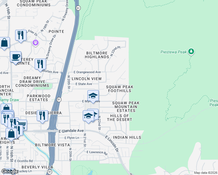 map of restaurants, bars, coffee shops, grocery stores, and more near 2220 East Nicolet Avenue in Phoenix