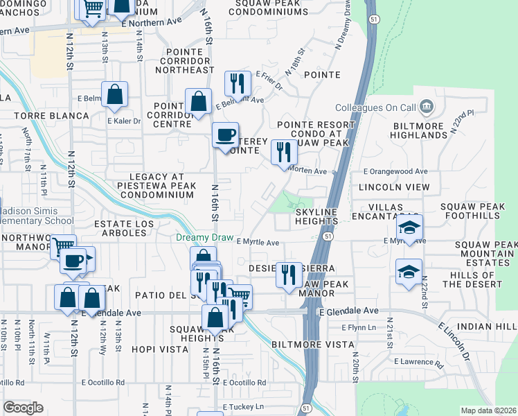 map of restaurants, bars, coffee shops, grocery stores, and more near 7240 North Dreamy Draw Drive in Phoenix