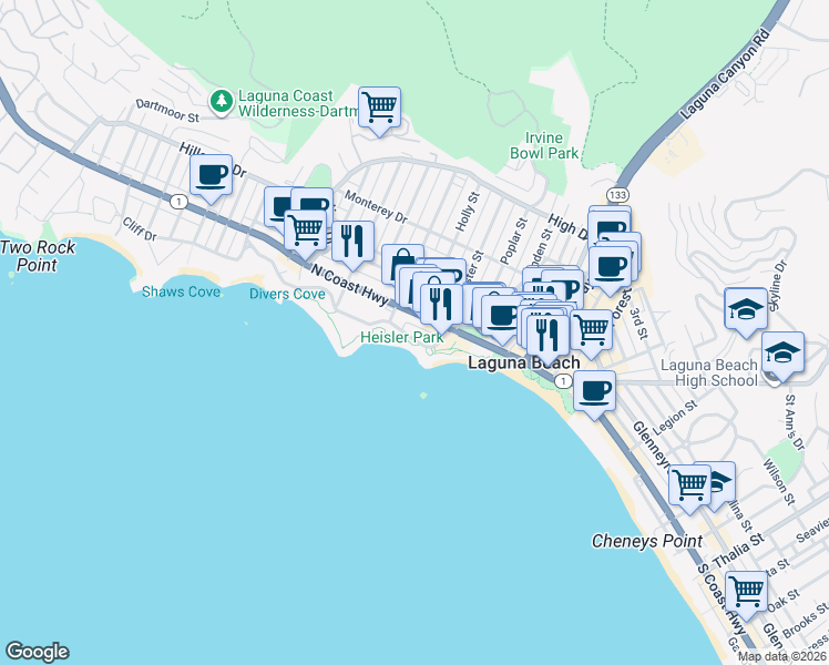 map of restaurants, bars, coffee shops, grocery stores, and more near 358 Cliff Drive in Laguna Beach