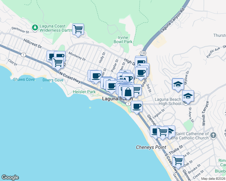 map of restaurants, bars, coffee shops, grocery stores, and more near 273 Lower Cliff Drive in Laguna Beach