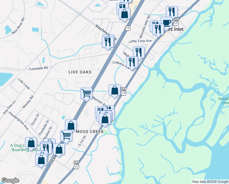map of restaurants, bars, coffee shops, grocery stores, and more near 4788 U.S. 17 Business in Murrells Inlet