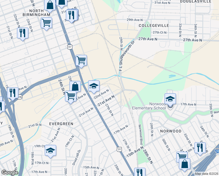 map of restaurants, bars, coffee shops, grocery stores, and more near 2114 28th Street North in Birmingham