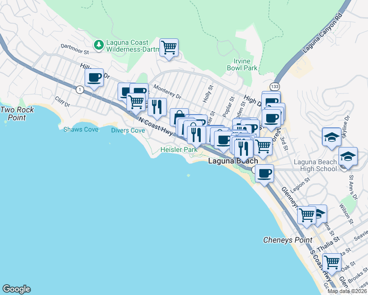 map of restaurants, bars, coffee shops, grocery stores, and more near 360 Cliff Drive in Laguna Beach