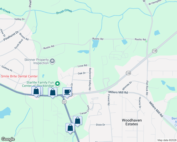 map of restaurants, bars, coffee shops, grocery stores, and more near 86 Redwood Valley Road in Stockbridge