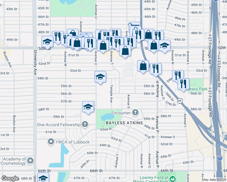 map of restaurants, bars, coffee shops, grocery stores, and more near 1935 56th Street in Lubbock