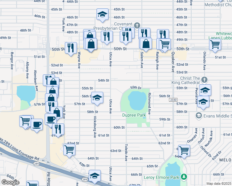 map of restaurants, bars, coffee shops, grocery stores, and more near 4622 55th Drive in Lubbock